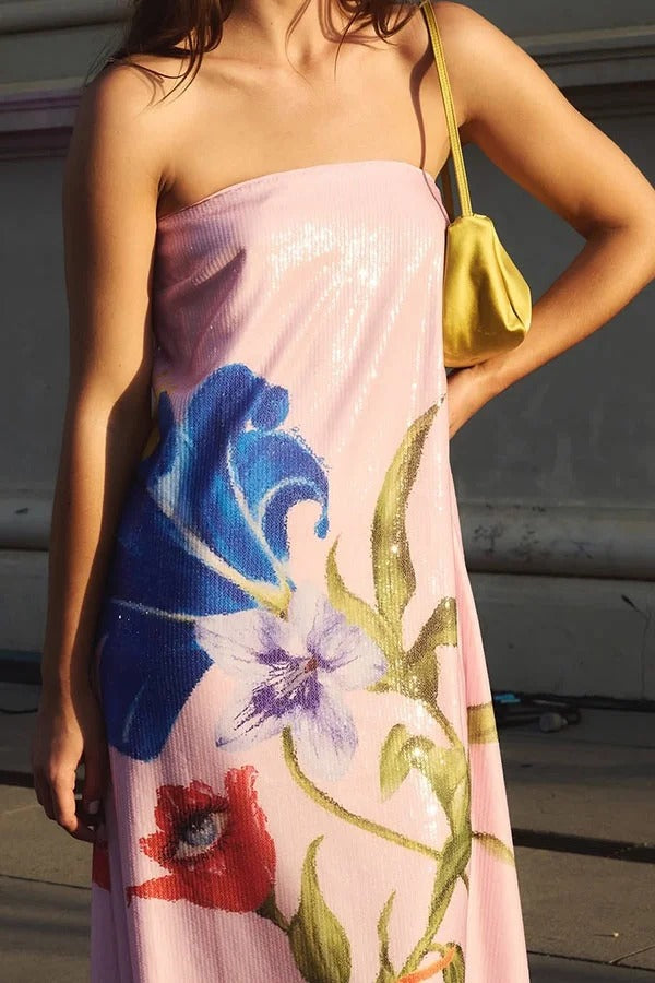 Special Night Sequin Floral Print Off Shoulder A-line Maxi Dress - Fashionpara