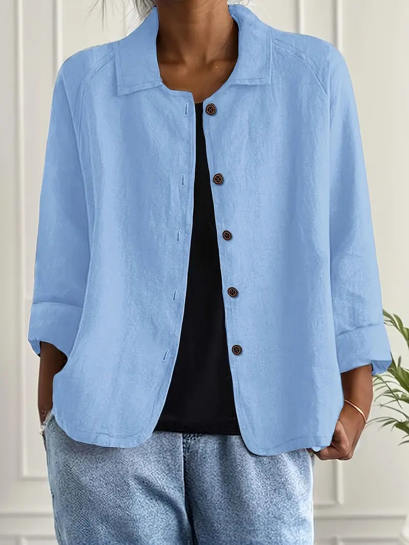 Collared Long Sleeve Button Front Linen Look Shirt