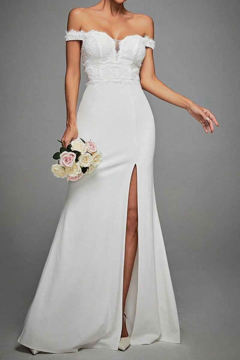 Off Shoulder Lace Bodice High Split Mermaid Maxi Gown