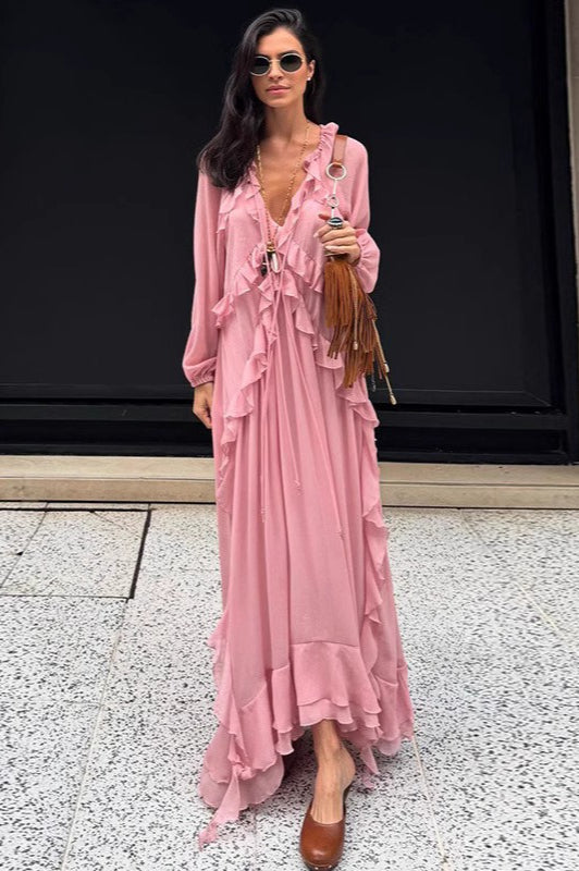 Ruffle Trim V-Neck Long Sleeve Chiffon Maxi Dress