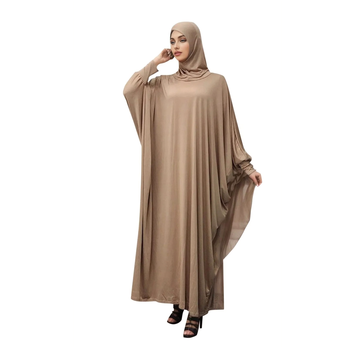 Solid Color Headgear Bat Cardigan Robes Ramadan Muslim Muslim Clothes Long Sleeve Cardigan Maxi Dress 3