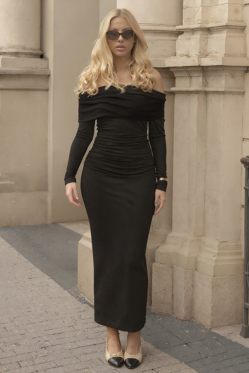 Off-Shoulder Long Sleeve Ruched Bodycon Maxi Dress