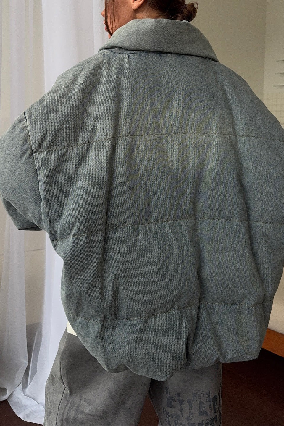 Washed Denim Stand Collar Puffer Jacket