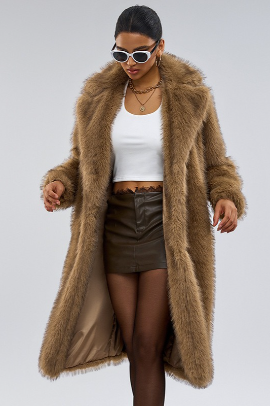 Notched Lapel Faux Fur Long Extended Overcoat - Fashionpara