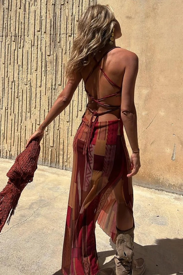 Backless Lace Up Fringe High Split Boho Maxi Dress - View 9