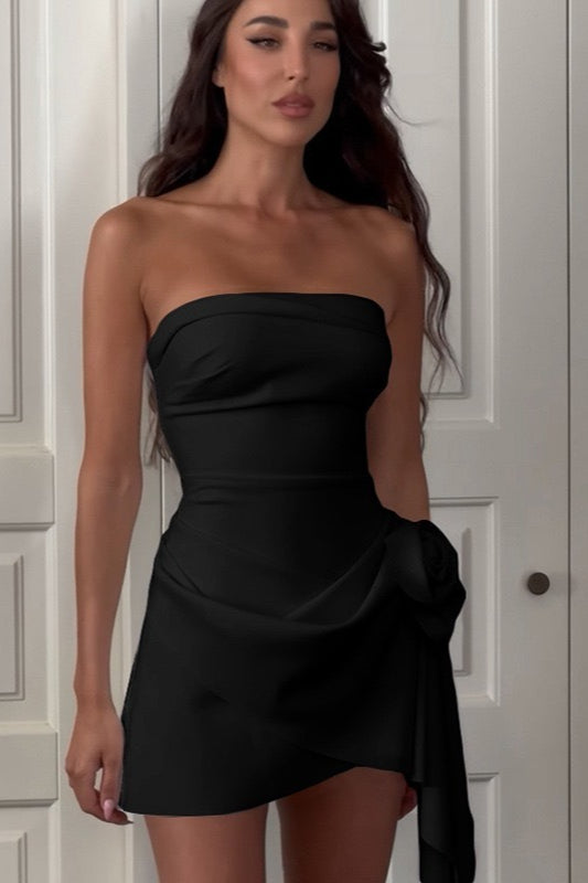 Strapless Rosette Asymmetric Draped Mini Dress