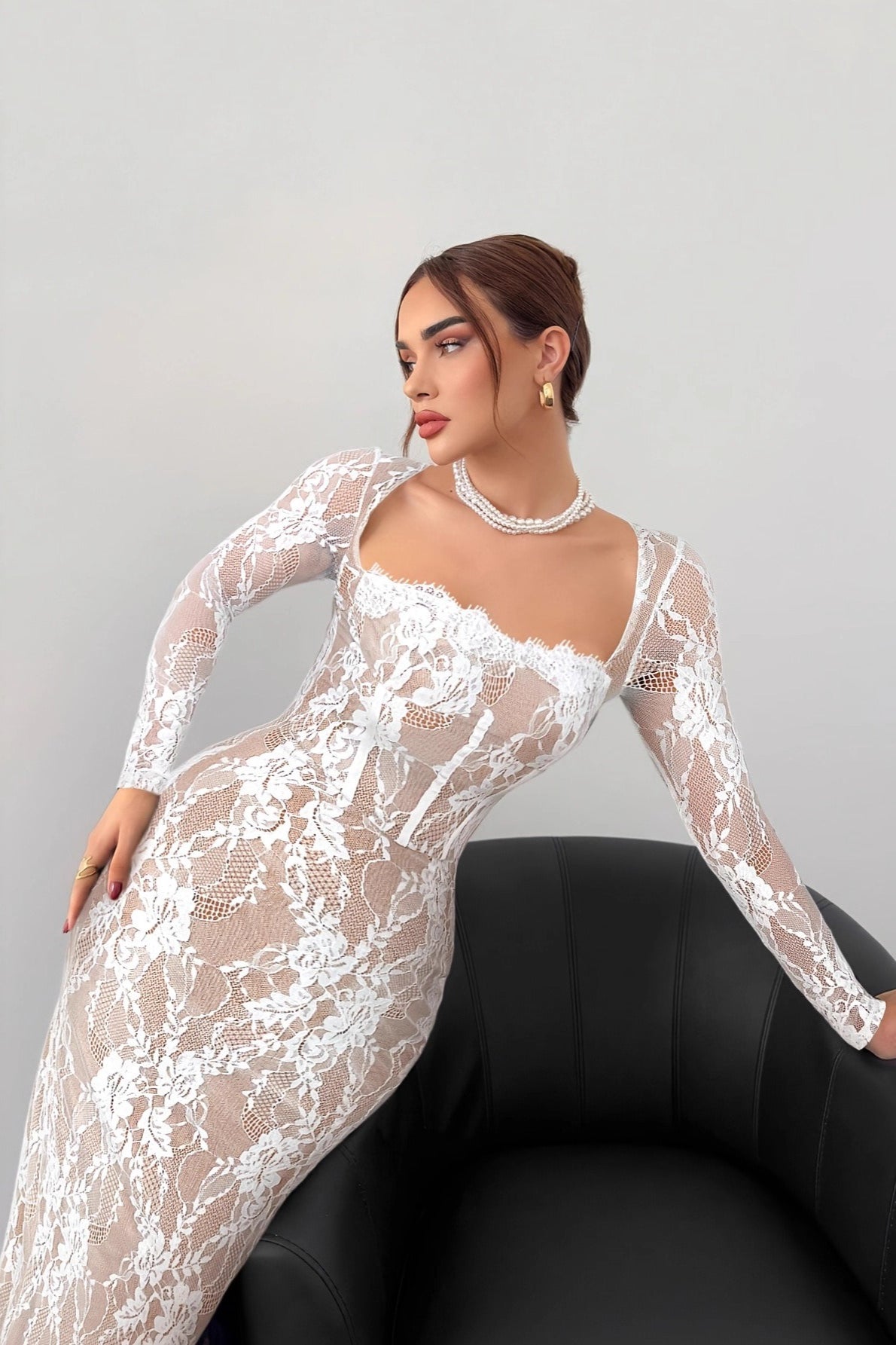 Elegant Square Neck Long Sleeve Lace Dress in White