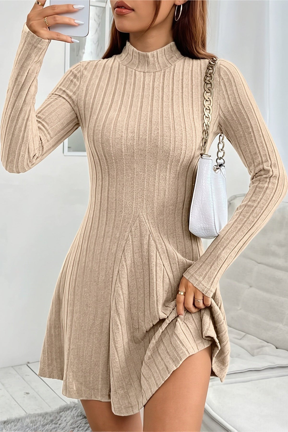 Ribbed Knit Mock Neck Long Sleeve Skater Mini Dress