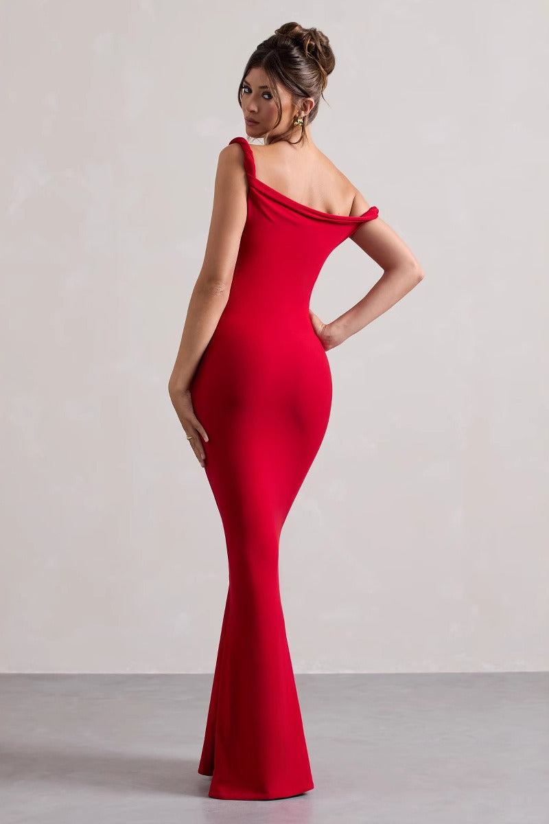 One-Shoulder Draped Jersey Fishtail Maxi Gown