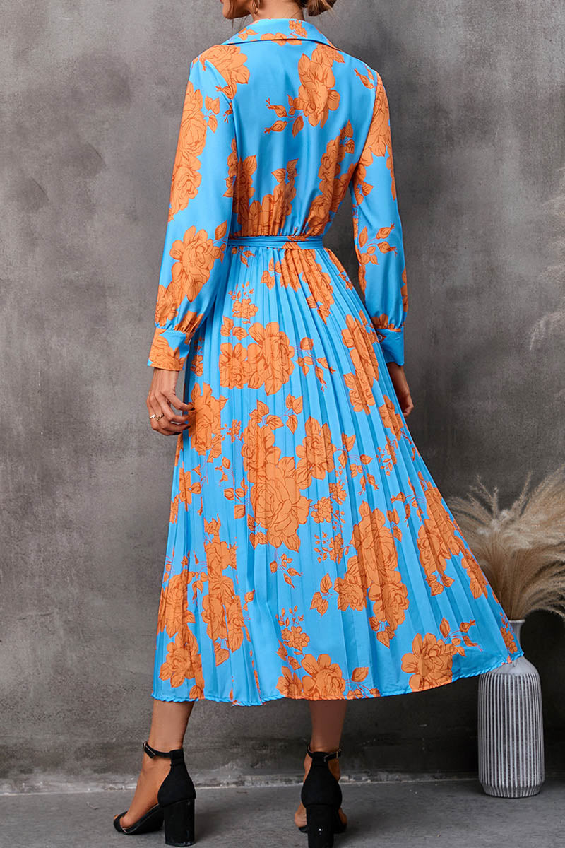 Spring and Autumn Printed Shirt V-Neck Tie Nine-Point Sleeve Midi Dress - Fashionpara