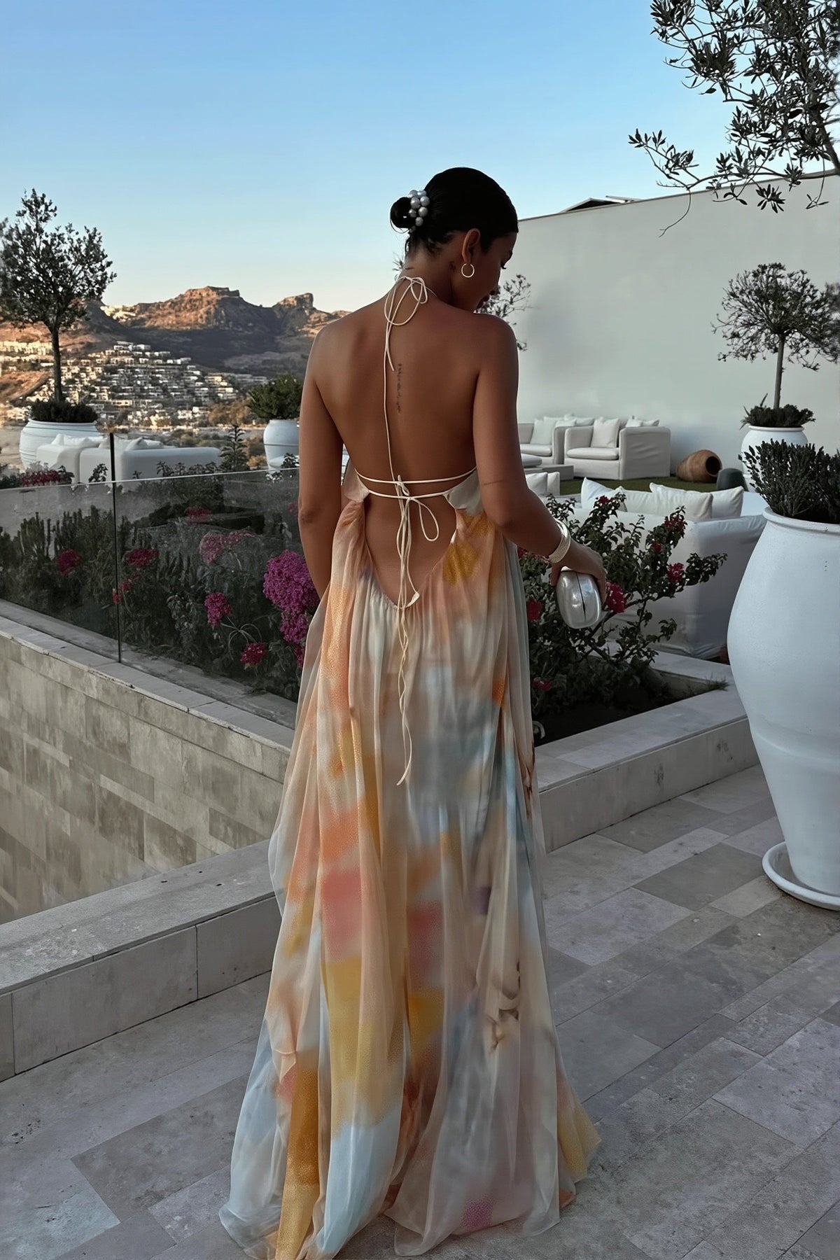 Abstract Print Halter Neck Maxi Dress