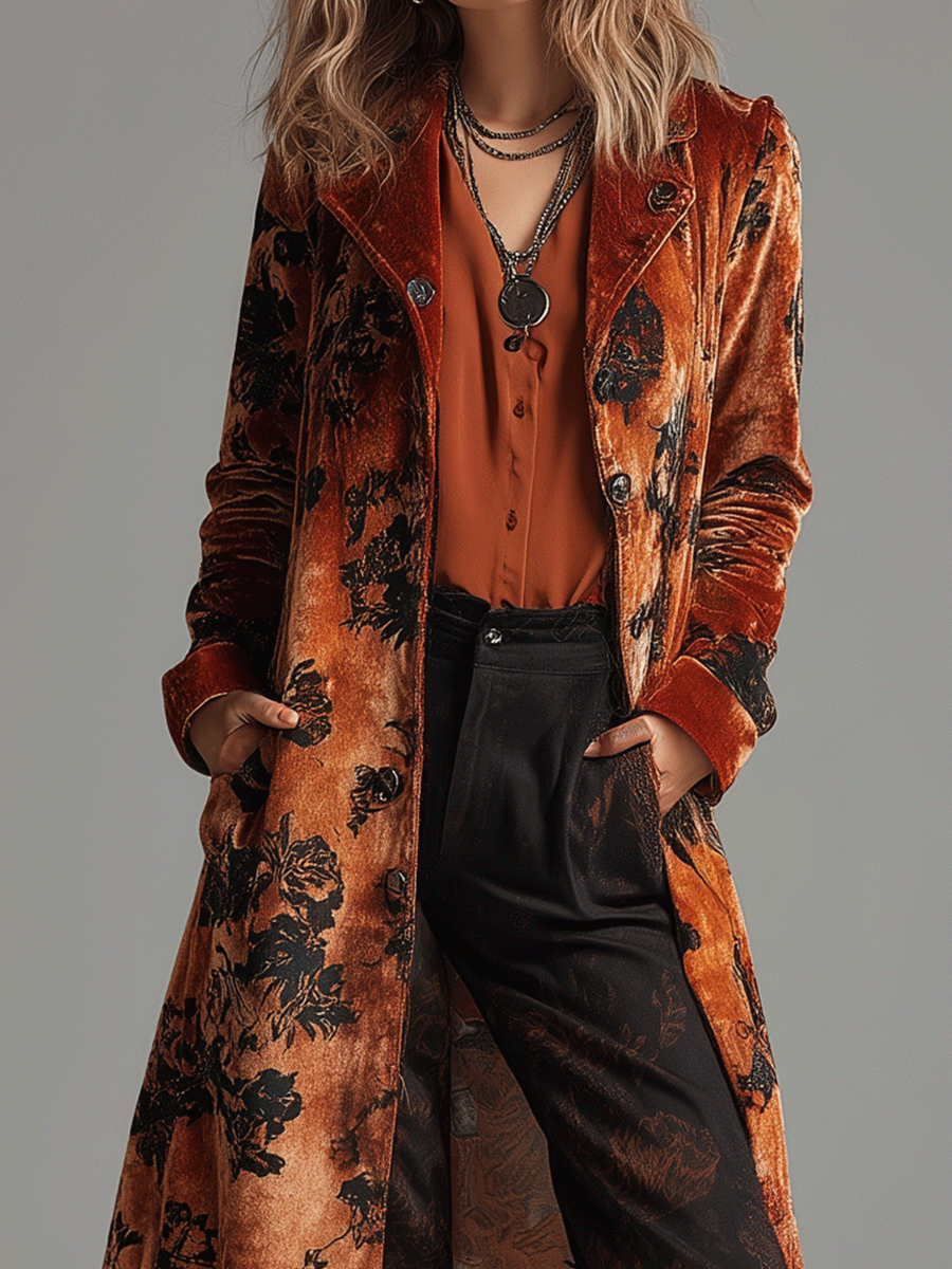 Vintage Burnt Orange Velvet Floral Maxi Coat - Fashionpara