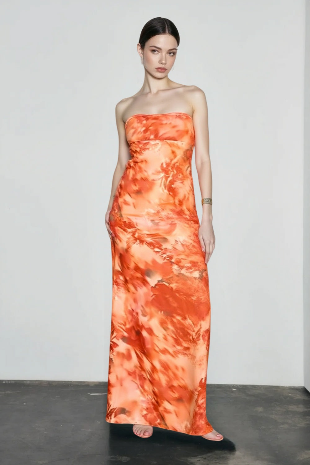 Abstract Print Strapless Bandeau Bias Column Maxi Dress