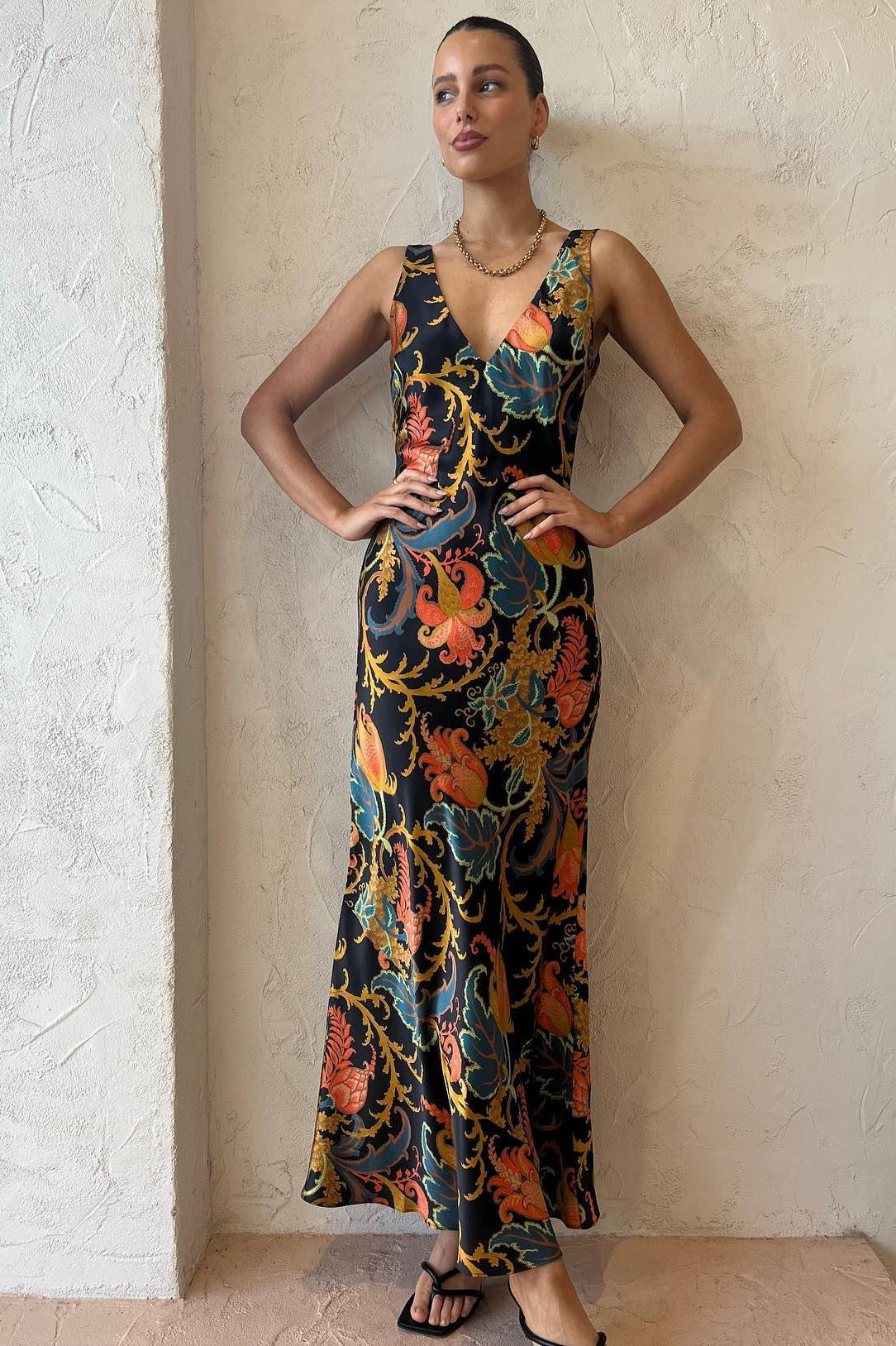 Satin VNeck Floral Maxi Silk Dress - View 3