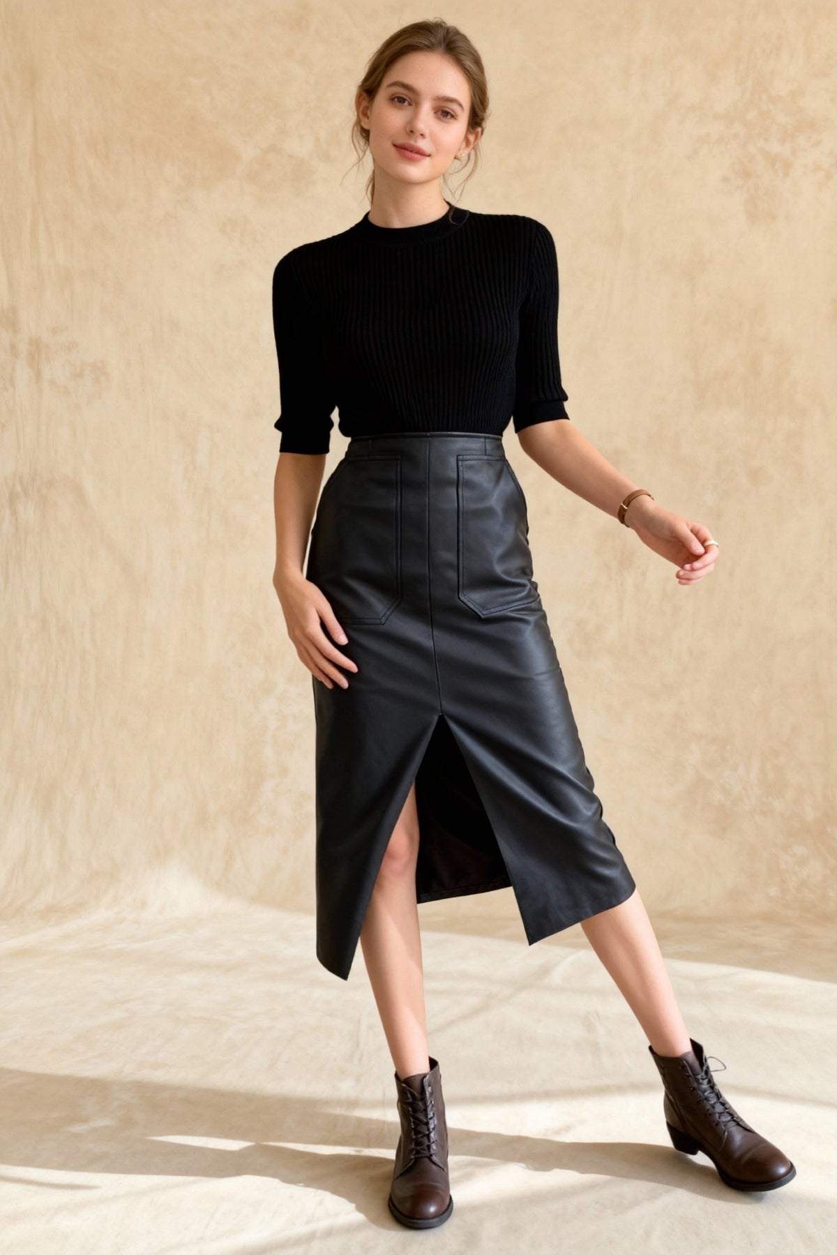 Fall Winter Chic Split Design Slim Straight Faux Leather Skirt