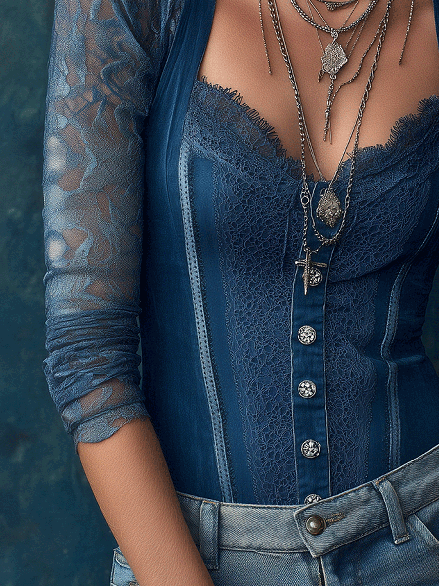 Romantic Lace-Sleeve Denim Corset Denim Blouse