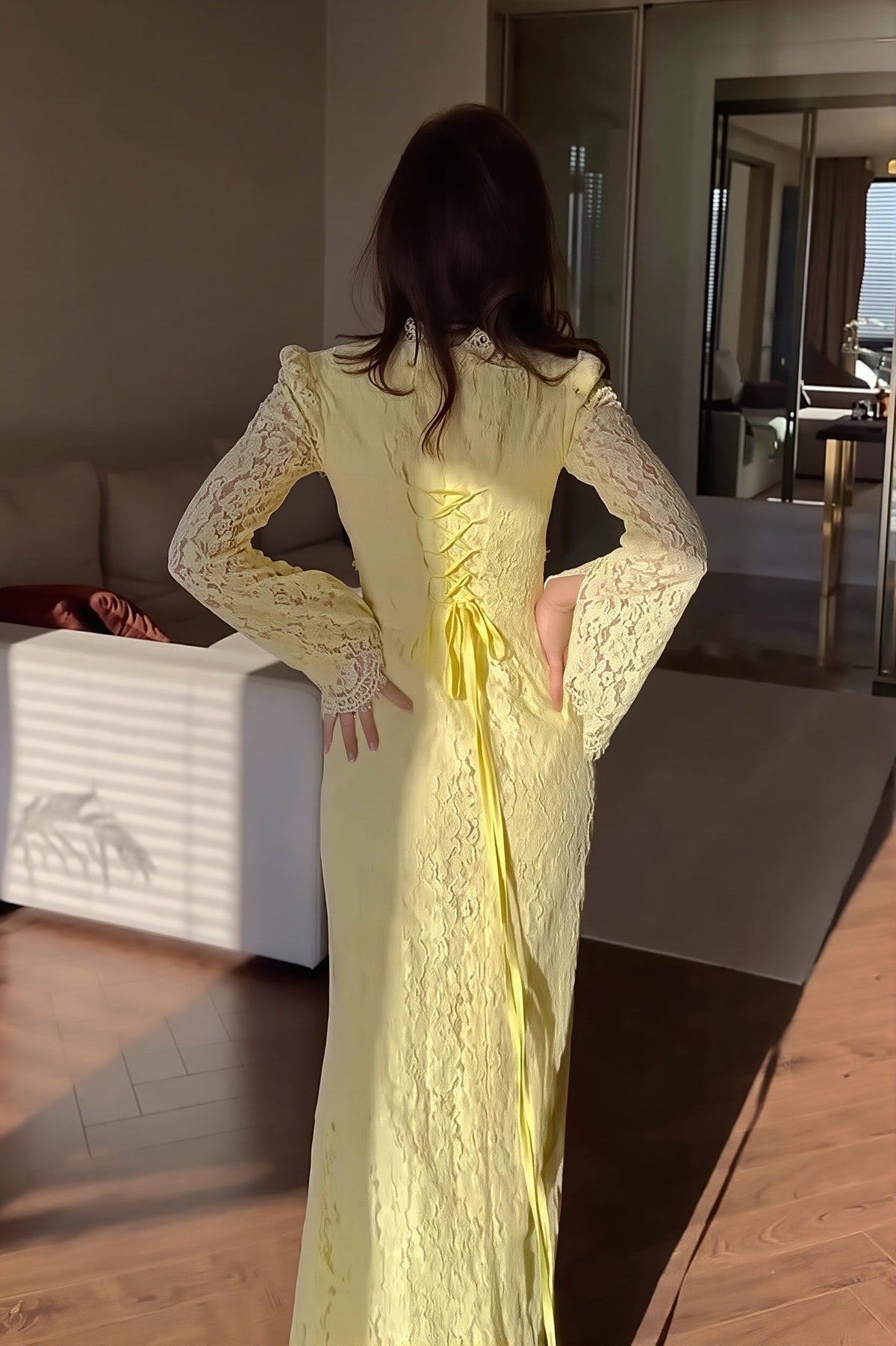 Floral Lace High Neck Long Sleeve Corset Dress