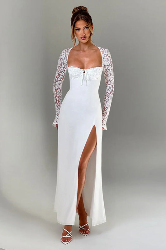 Lace Long Sleeve Sweetheart Neck Tie Front Bustier Maxi Gown - View 2