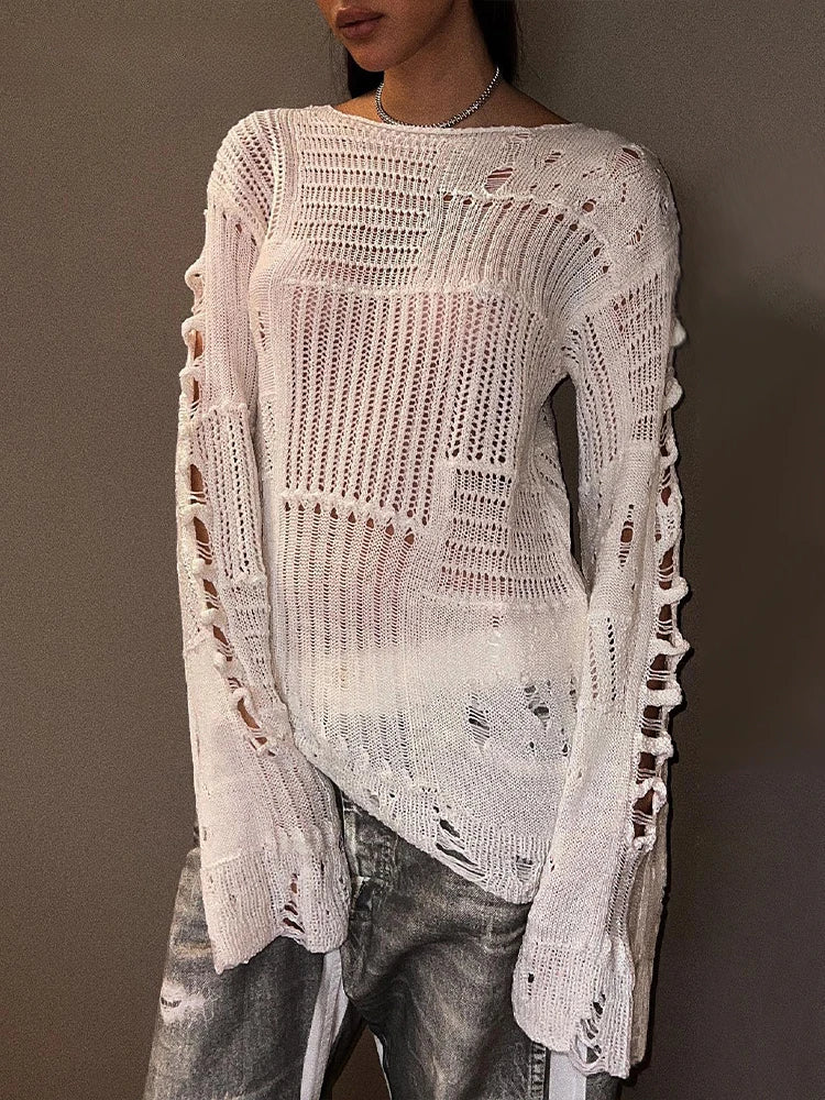 Chic Hollow Out Long Sleeve Knitted Pullover Sweater