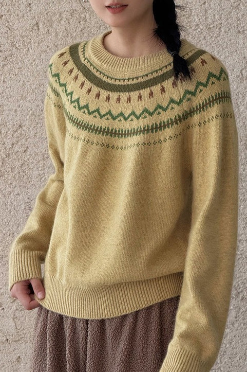 Fair Isle Pattern Loose Crew Neck Color Block Minimalist Sweater