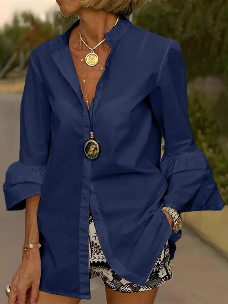 Flare Sleeve Solid Color V Neck Blouse