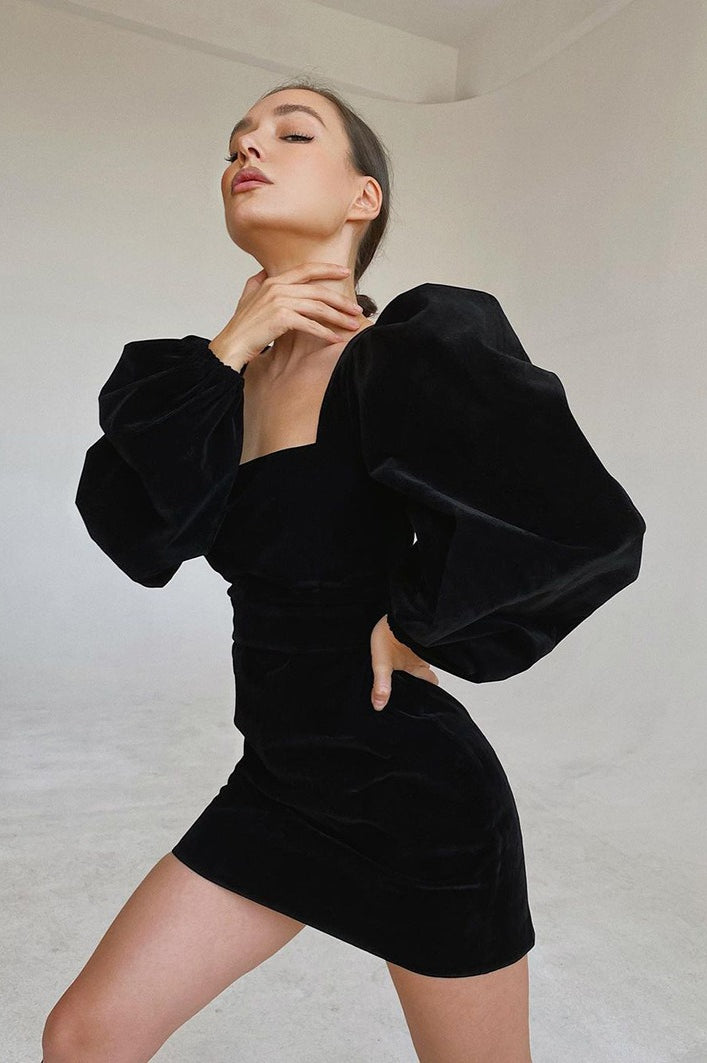 Vintage Puff Sleeve Velvet Black Mini Dress