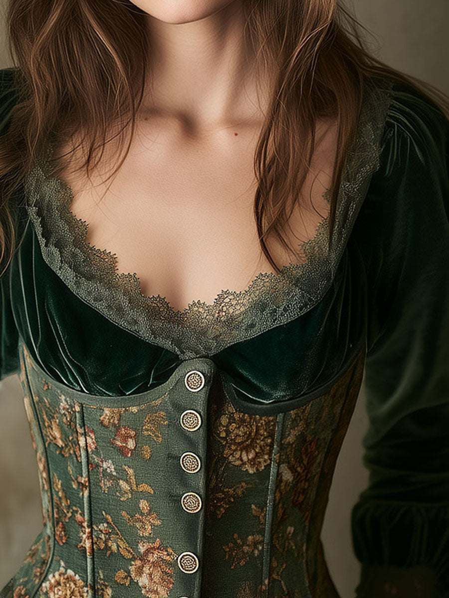 Emerald Green Velvet & Floral Lace-Trimmed Corset Blouse - Fashionpara