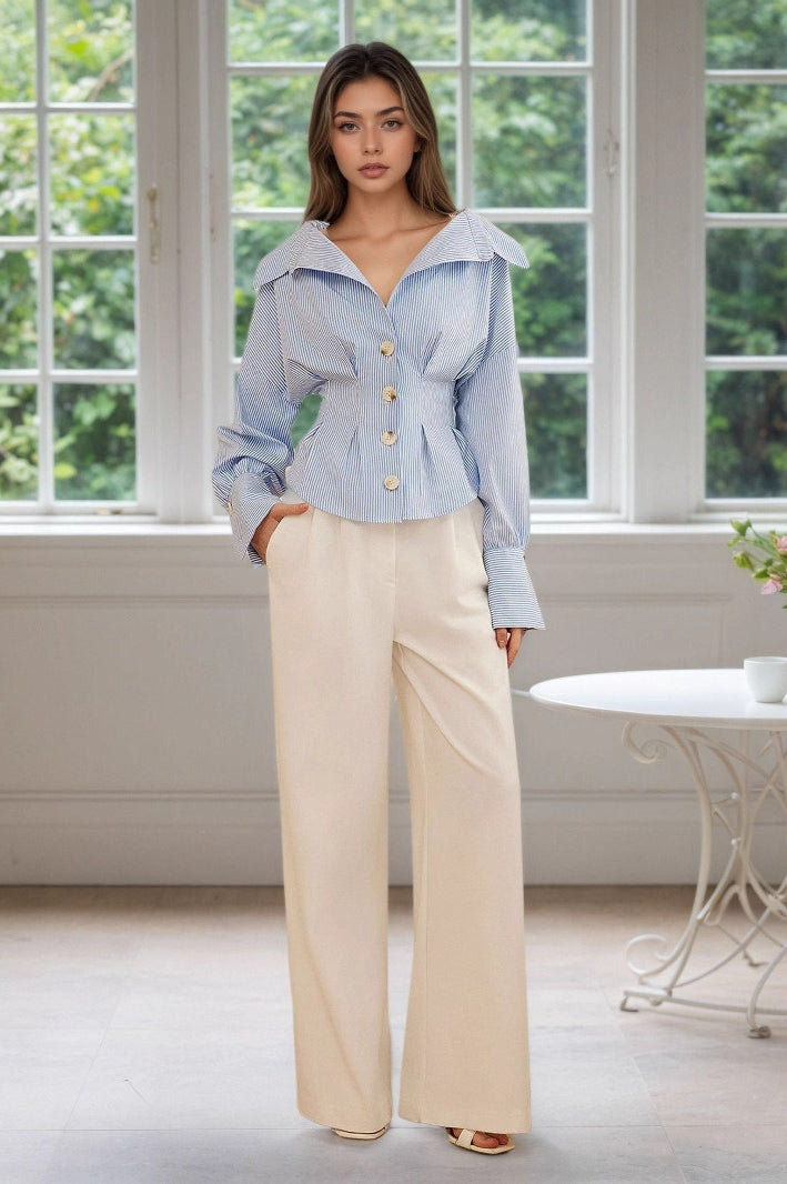 Ruffled Collared Puff Sleeve Striped Blouse