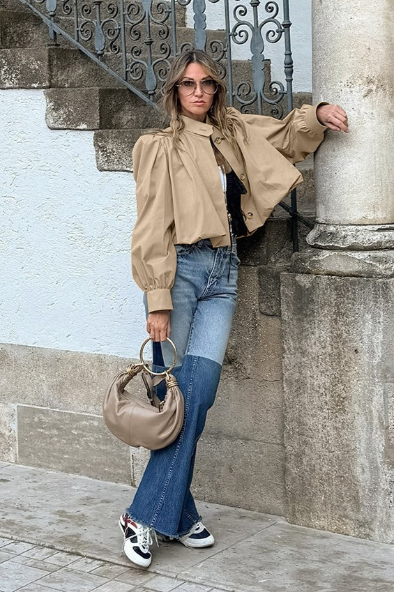 Loose Fit Khaki Puff Sleeve Jacket