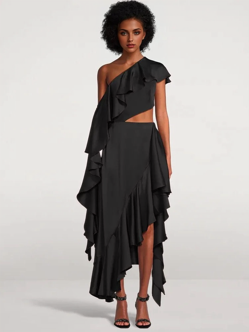 Satin One-Shoulder Ruffle Cutout Asymmetric Midi Dress 2