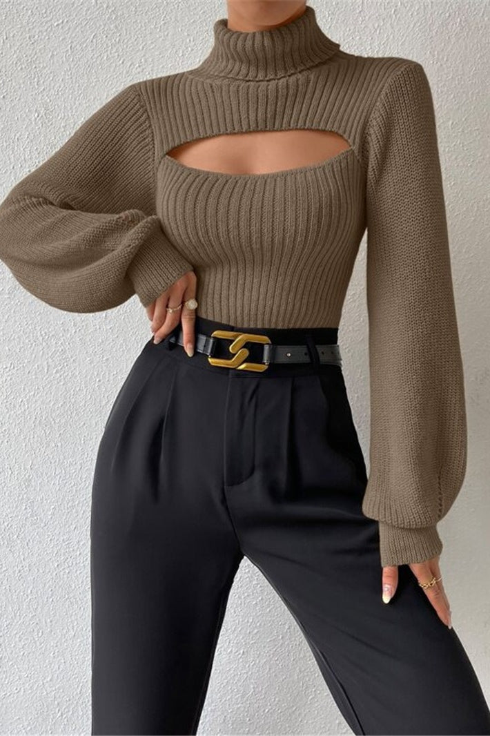 Cutout Turtleneck Balloon Sleeve Knit Sweater