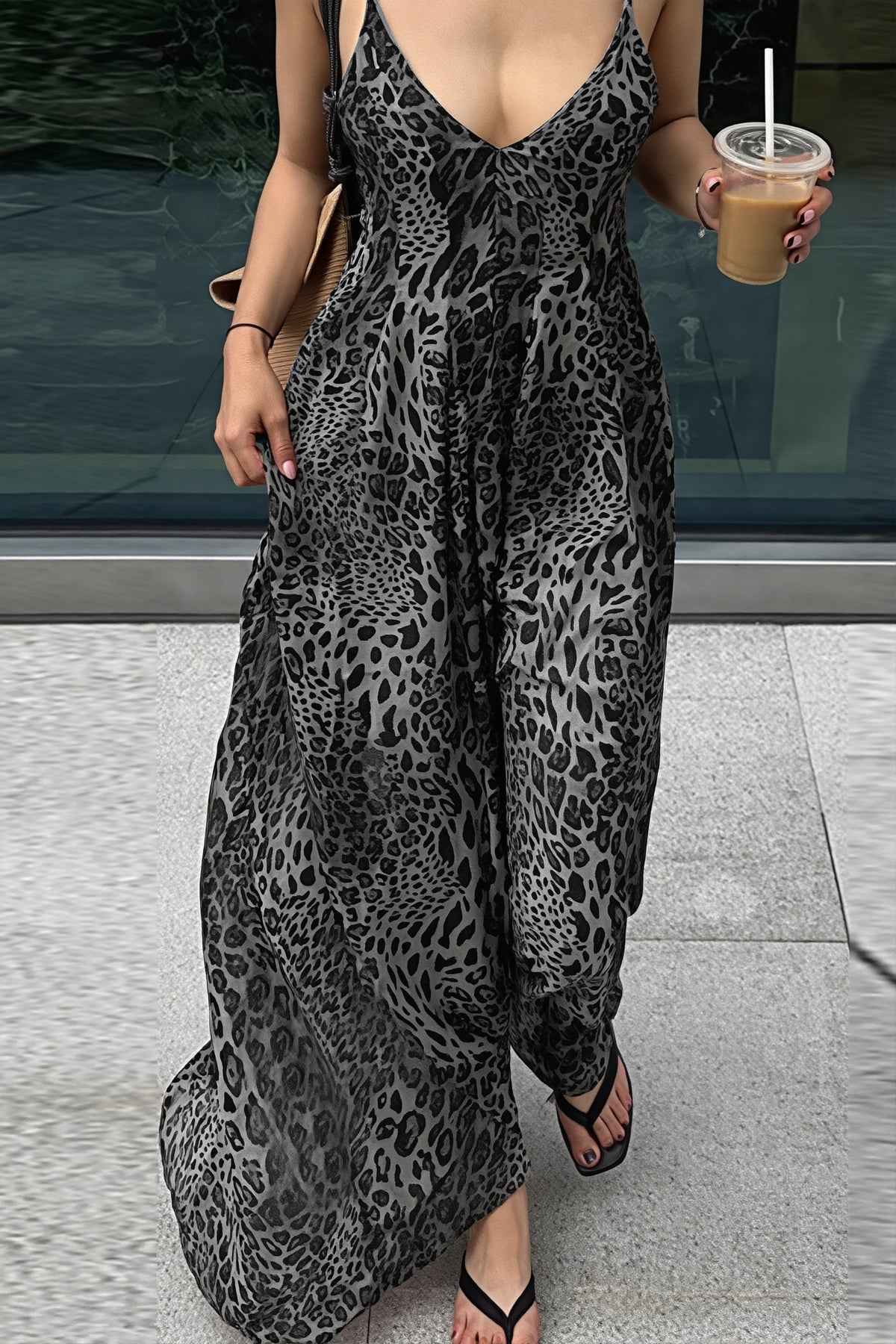 Leopard Print V-Neck Strappy Flowy Maxi Dress