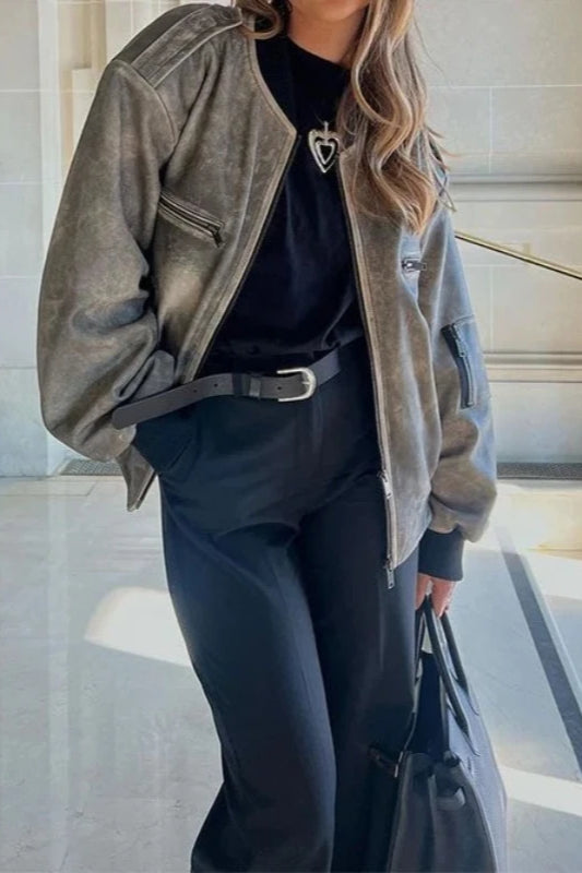 Faux Leather Zipper Bomber Jacket