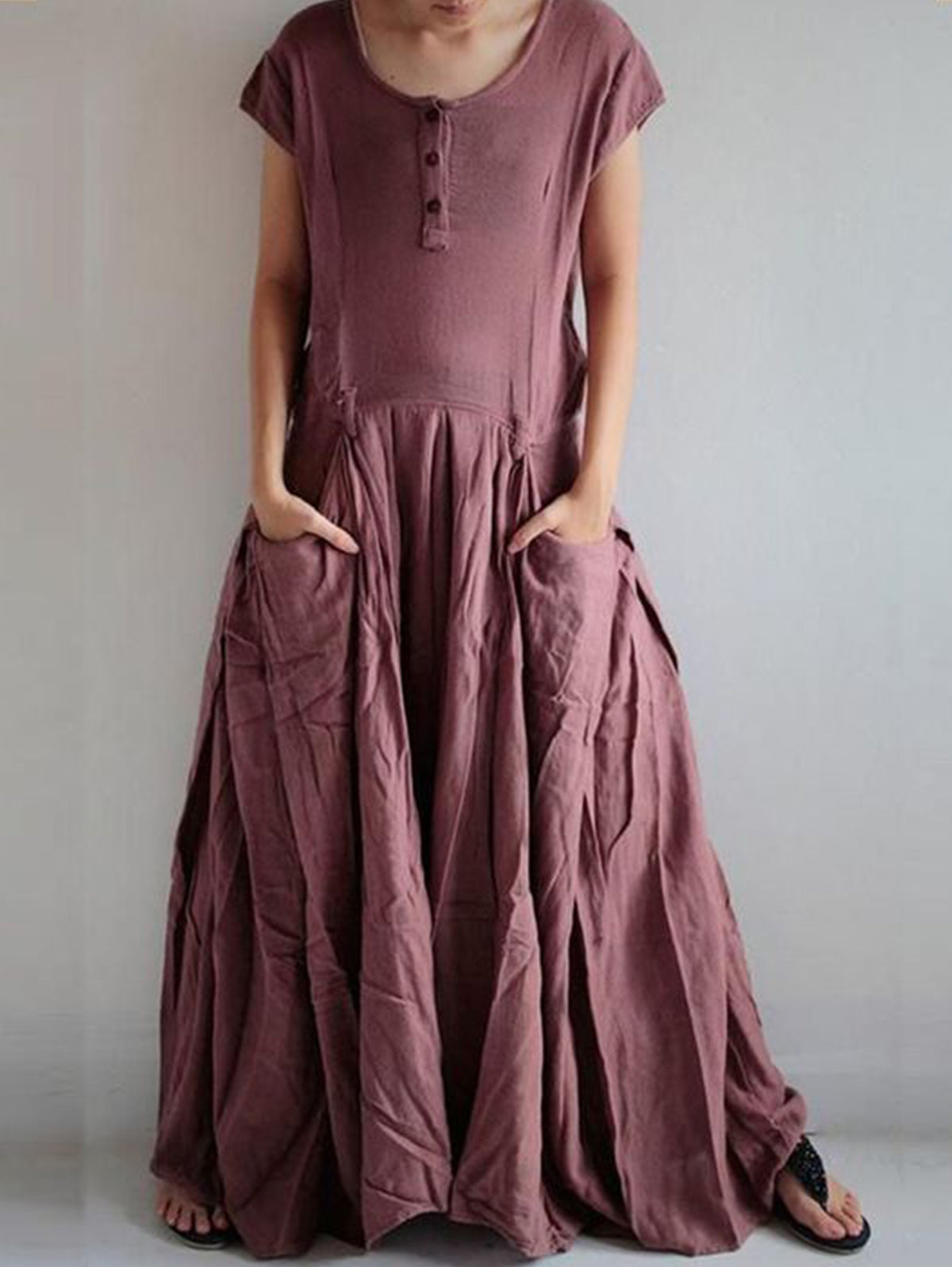 Button Front Cap Sleeve Pleated Pocket Maxi Dress - View 2