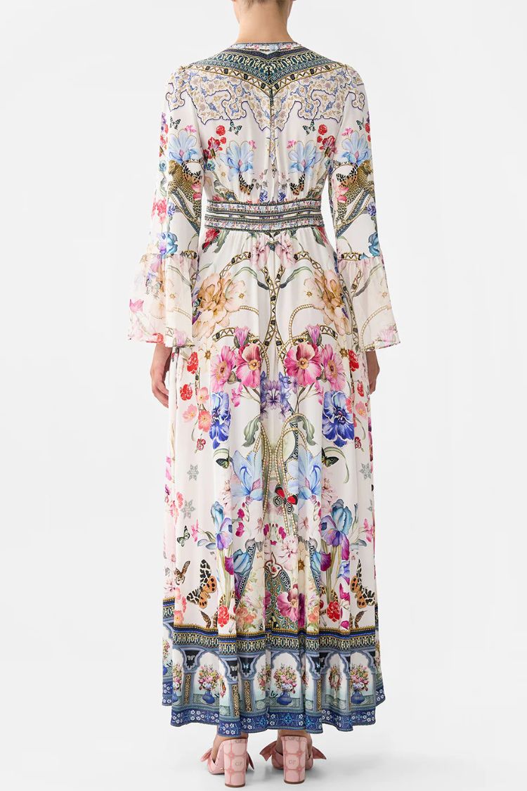 Printed V-neck Long-sleeved Puff Sleeve Waist Maxi Dress - Fashionpara