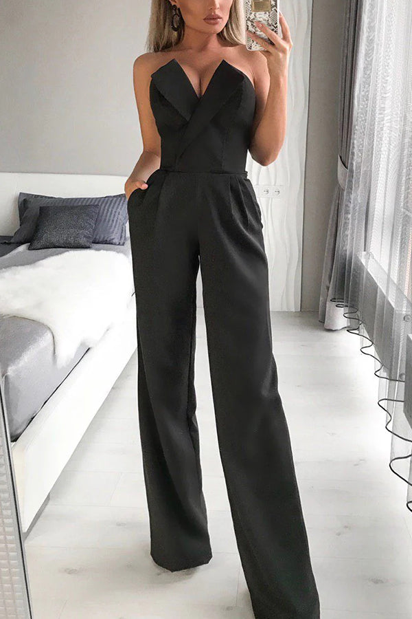 Tuxedo-style Off Shoulder Pocket Wide Leg Formal Jumpsuit - Fashionpara