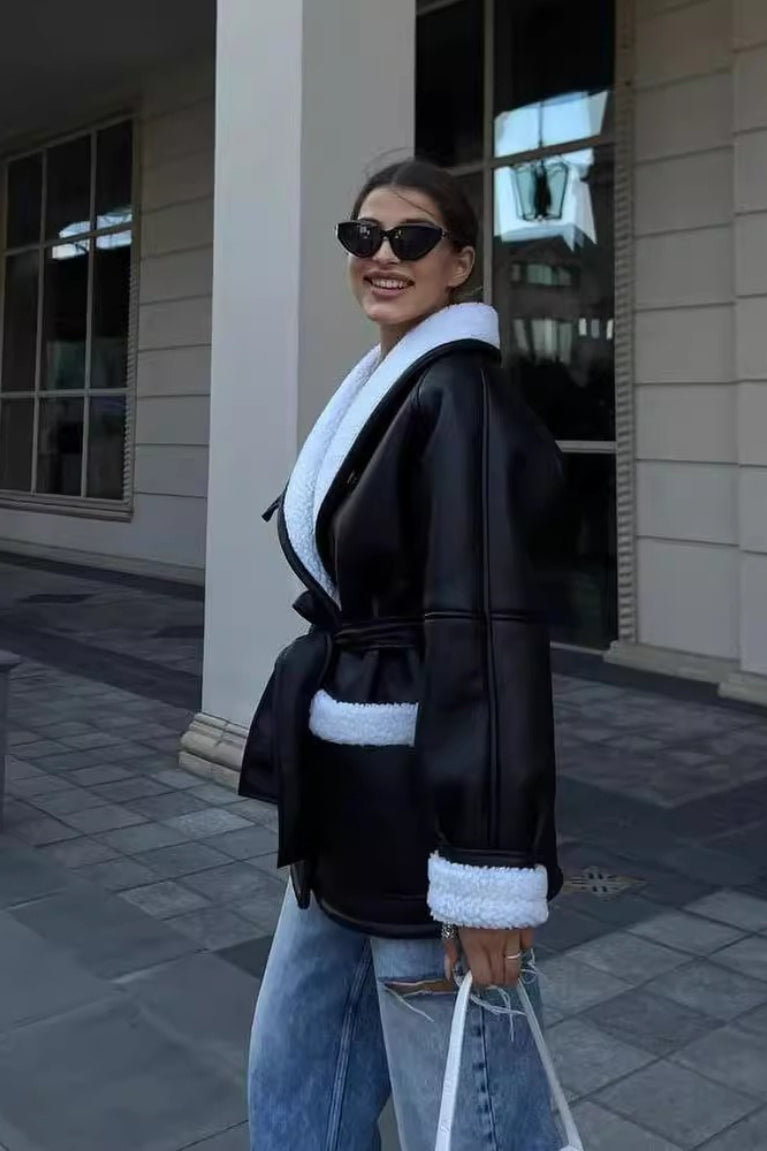 Long Sleeve Faux Shearling Coat - Fashionpara