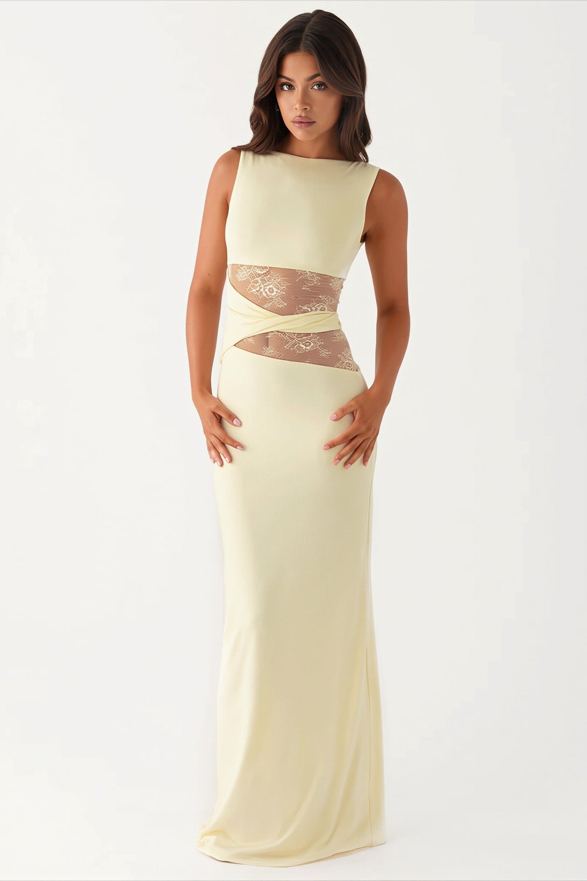 Boat Neck Sleeveless Lace Waist Cutout Column Maxi Dress