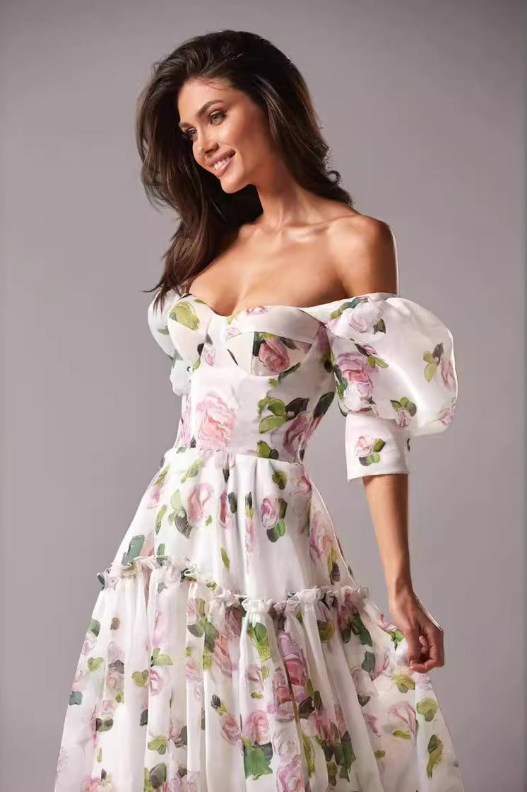 Floral Off Shoulder Puff Sleeve Sweetheart Tiered Maxi Dress - View 3