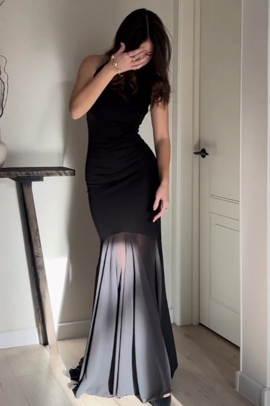 Solid Color Mesh Fitted Sexy Bodycon Maxi Dress