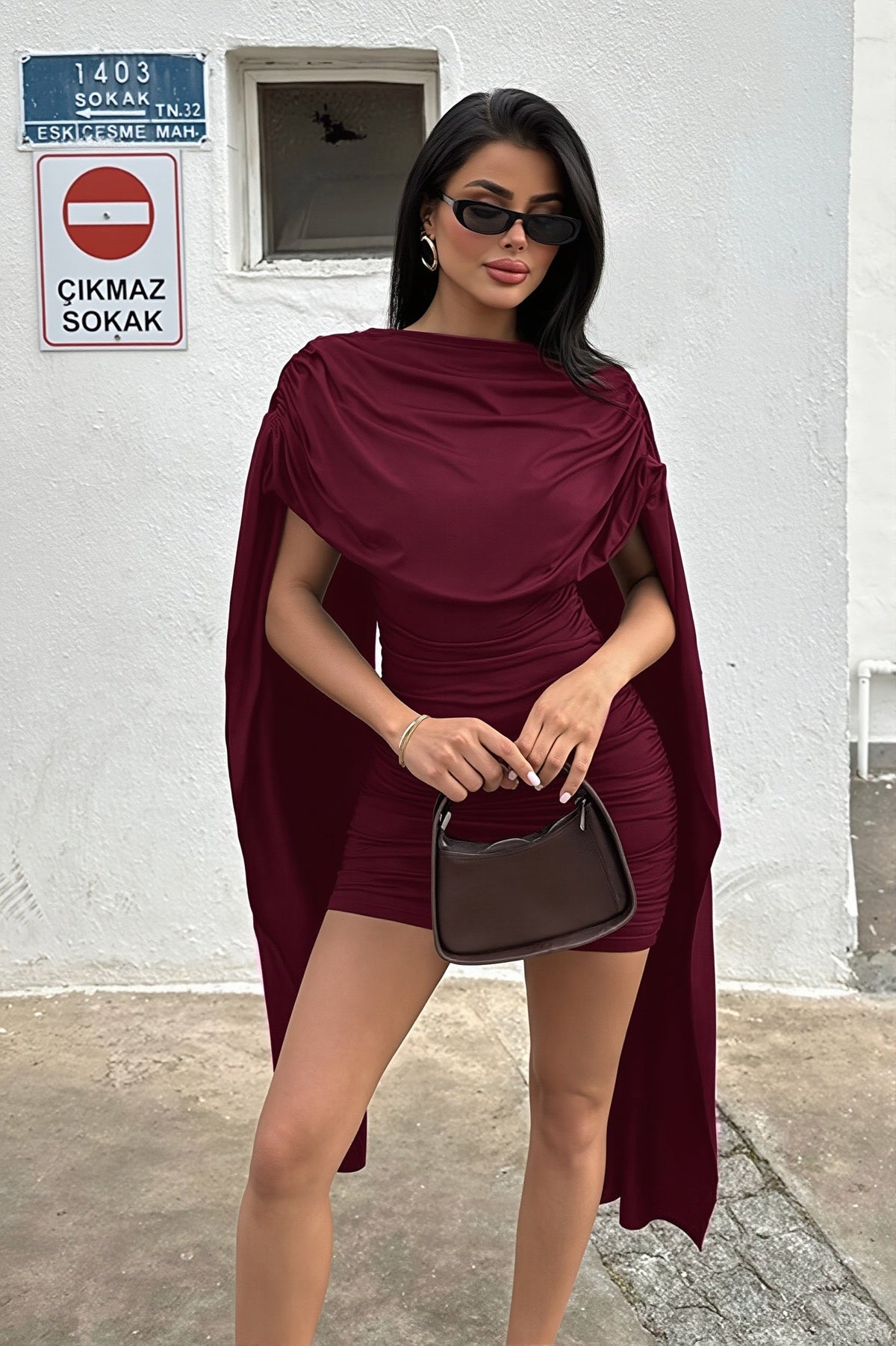 Draped High Neck Cape Mini Dress 8