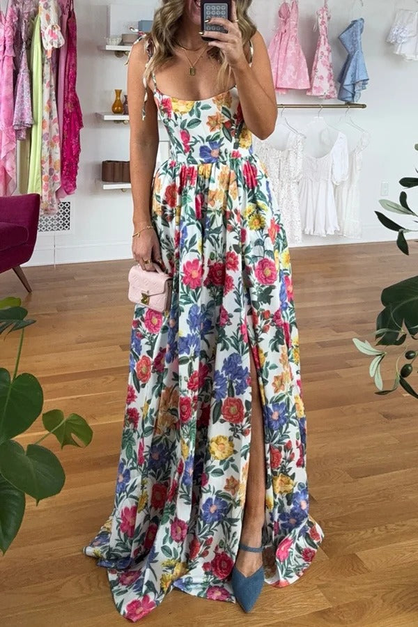 Garden Wedding Floral Print Back Tie-up Pocketed Slit Maxi Dress - Fashionpara