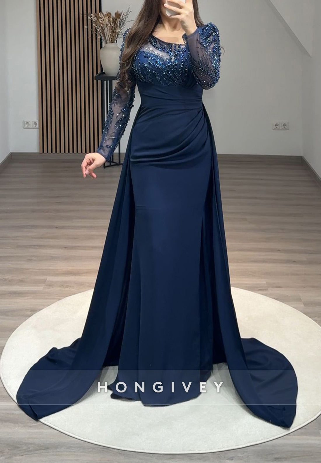 Pleated Beading Long Sleeve Illusion Neck Sweep Train Formal Dresses