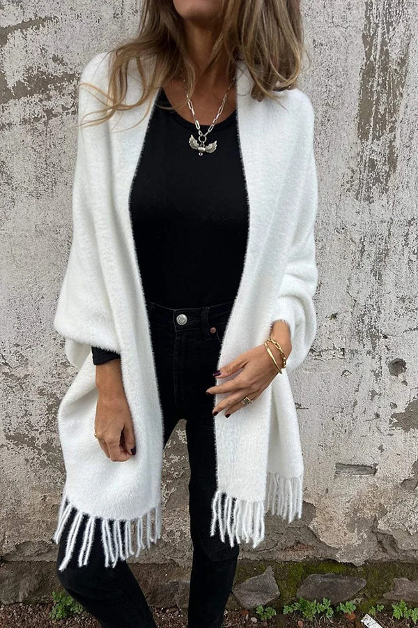 Relaxed Knit Plush Shawl Cardigan with Tassel Trim