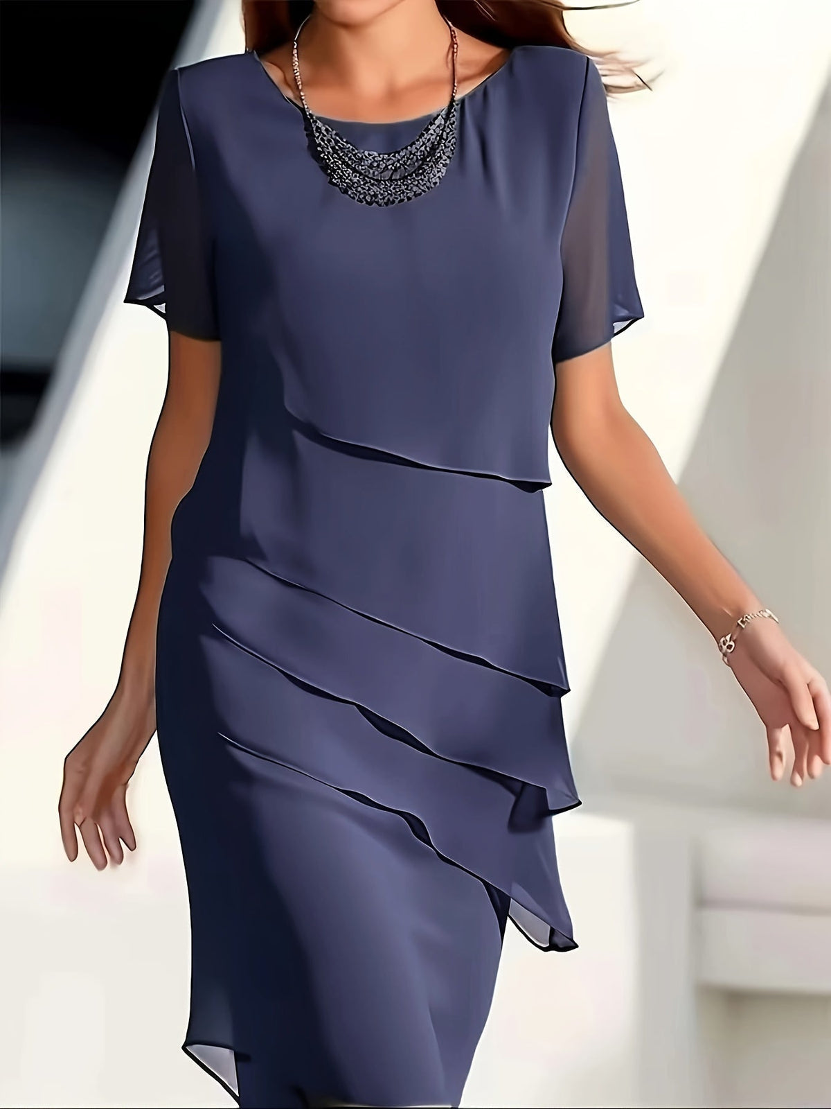 Cotton Layered Trim Round Neck Short Sleeve Midi Dress in Blue - View 7