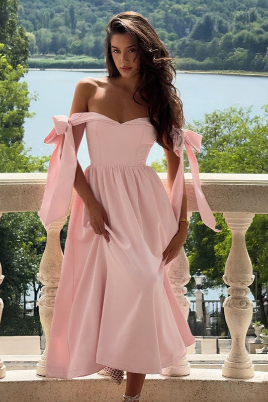 Off Shoulder Sweetheart Tie Bow Strap Corset Bodice A-Line Midi Dress - View 4