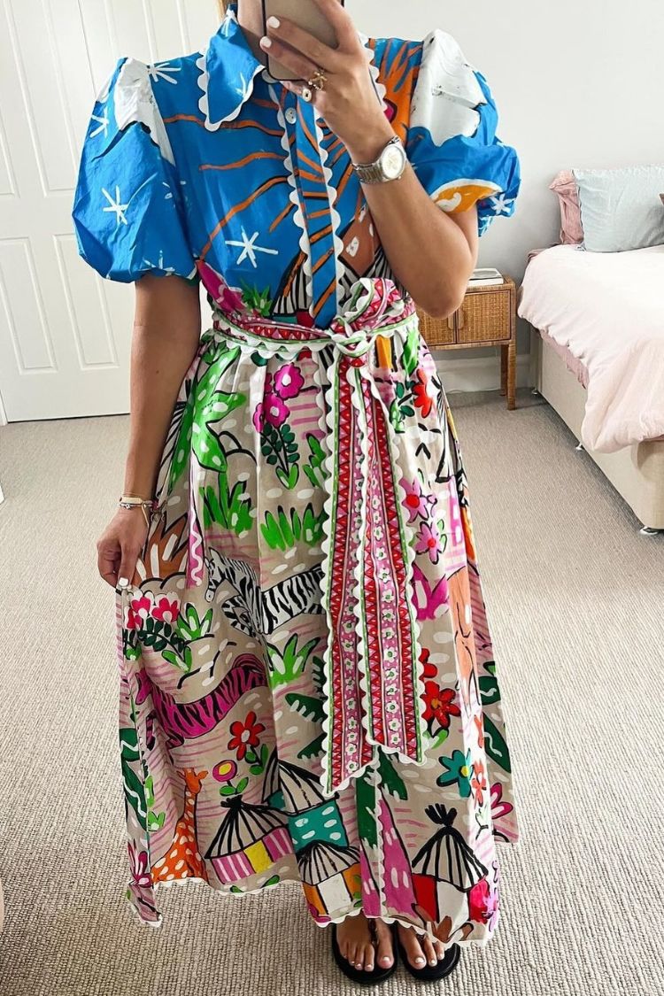 Daliah Unique Printed Wave Lace Puff Sleeves Loose Pocket Maxi Dress - Fashionpara