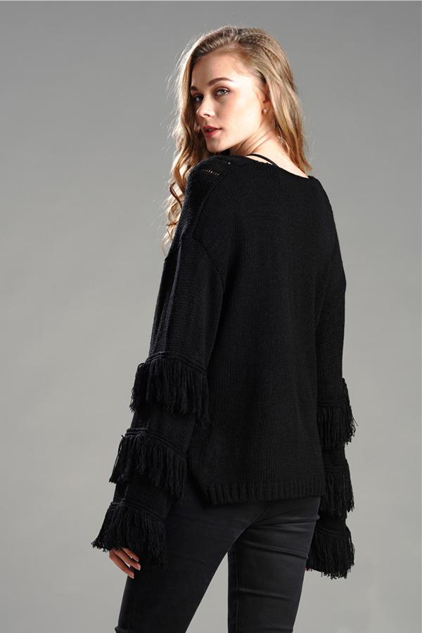 RadyRin Fluffy Cable Knit Sweater with Stylish Tassels