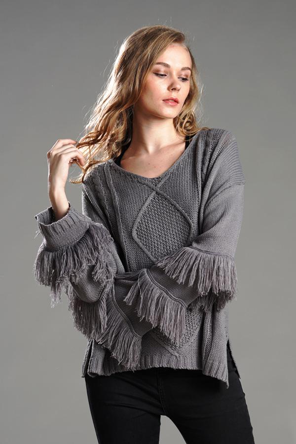 RadyRin Fluffy Cable Knit Sweater with Stylish Tassels