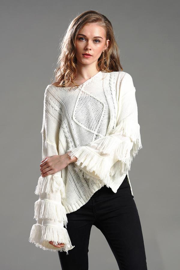 RadyRin Fluffy Cable Knit Sweater with Stylish Tassels